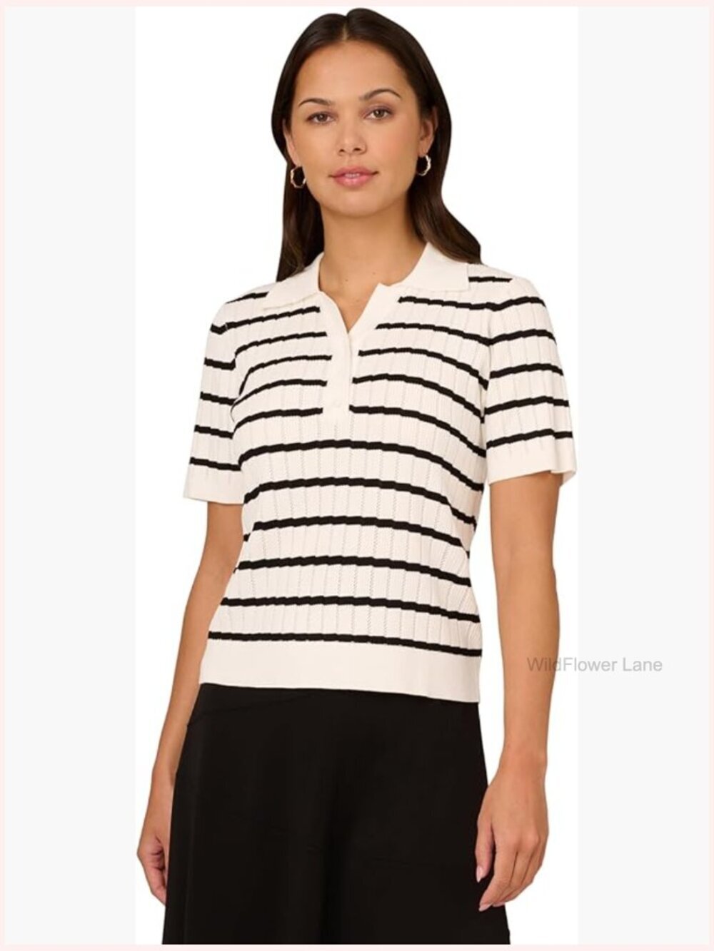 Pointelle Short Sleeve Polo Striped V-Placket Sweater